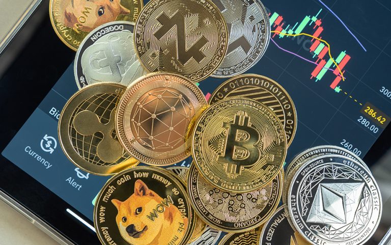 Cryptocurrency on Binance trading app, Bitcoin BTC with altcoin digital coin crypto currency, BNB, Ethereum, Dogecoin, Cardano, defi p2p decentralized fintech market
